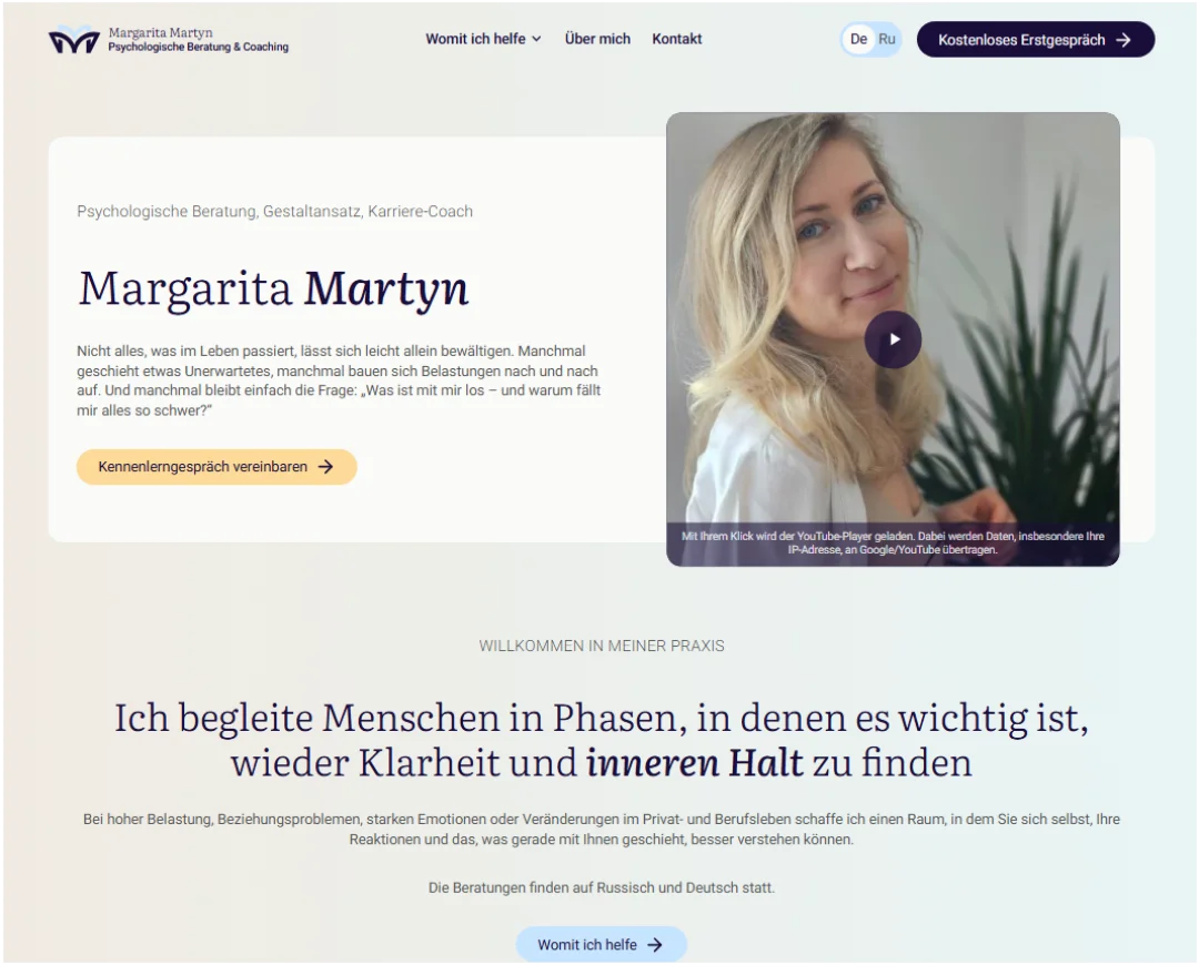 Ausgewählte Ansichten der zweisprachigen Praxis-Website von Margarita Martyn.
